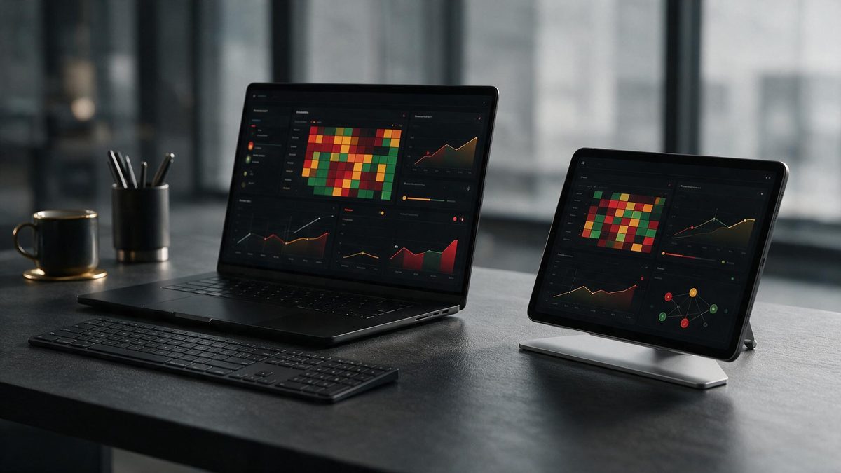 Technology due-diligence risk dashboard on a laptop and tablet